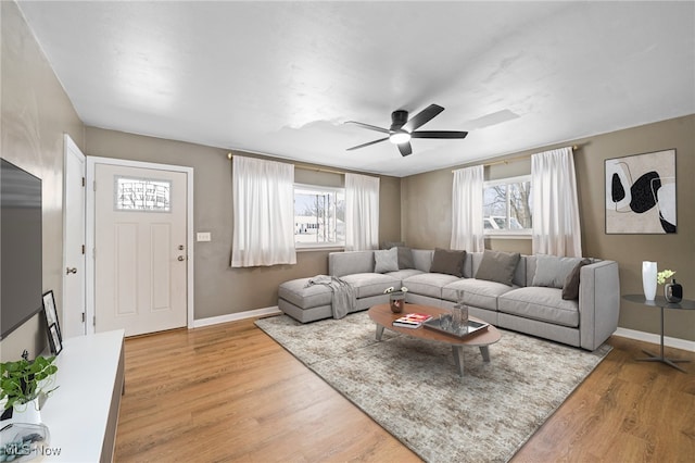 living room with hardwood / wood-style floors and ceiling fan