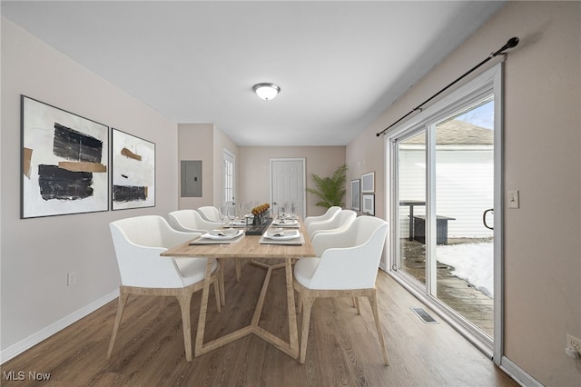 dining space featuring electric panel and hardwood / wood-style floors