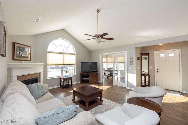 living room with lofted ceiling, a fireplace, and dark hardwood / wood-style flooring