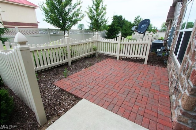 view of patio / terrace featuring a fenced backyard and central AC unit