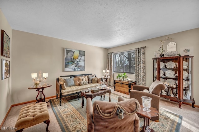 carpeted living room featuring a textured ceiling