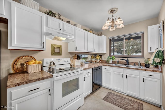 kitchen featuring white cabinets, dishwasher, sink, and white range with electric stovetop