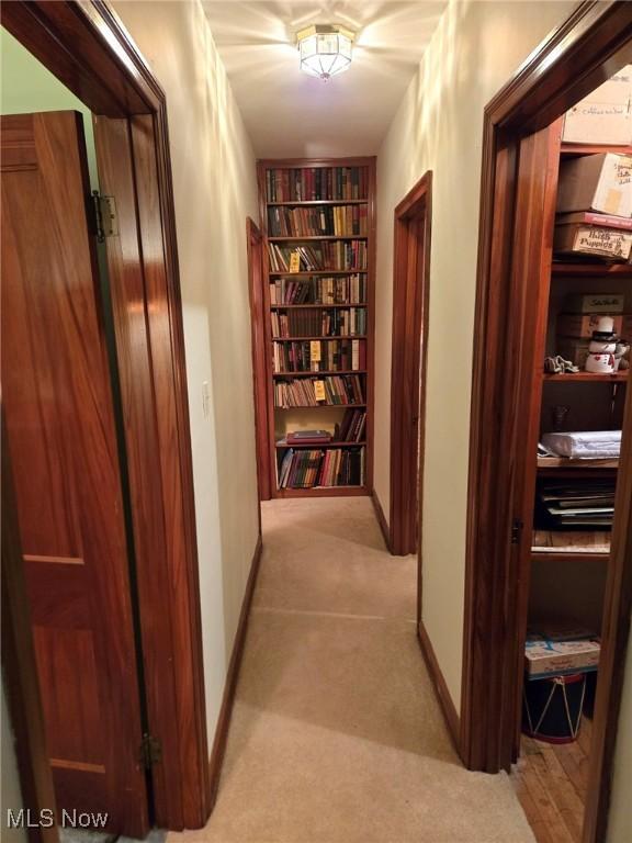 corridor with built in shelves and light colored carpet