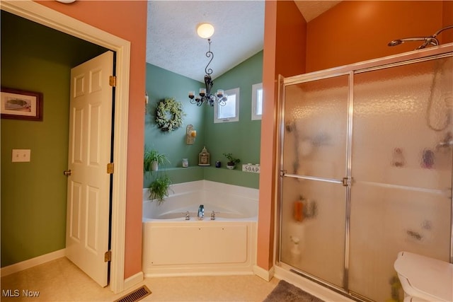 4615 Lexington Ridge Dr, Medina, OH 44256 - bathroom with vaulted ceiling, a bath, a stall shower, a textured ceiling, and baseboards