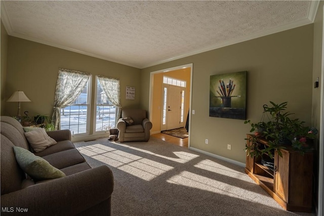 living room with crown molding, light colored carpet, and a textured ceiling