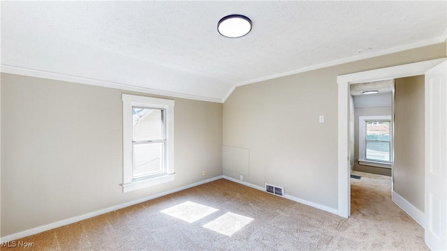 carpeted spare room featuring ornamental molding, lofted ceiling, and a textured ceiling