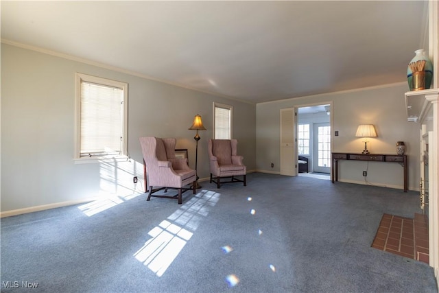 living area with crown molding and carpet flooring