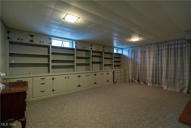 basement featuring light colored carpet