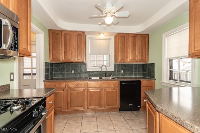 kitchen with a raised ceiling, appliances with stainless steel finishes, sink, and a wealth of natural light