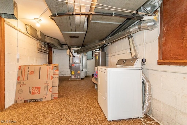 basement featuring washer / clothes dryer, heating unit, electric panel, and water heater