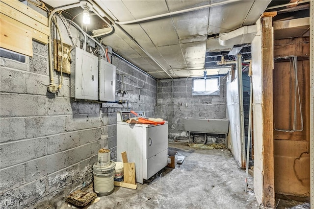 basement with washer / clothes dryer, electric panel, and sink