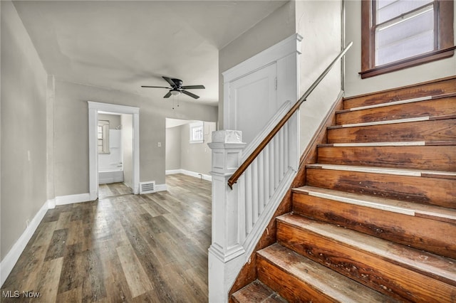 staircase featuring hardwood / wood-style floors and ceiling fan