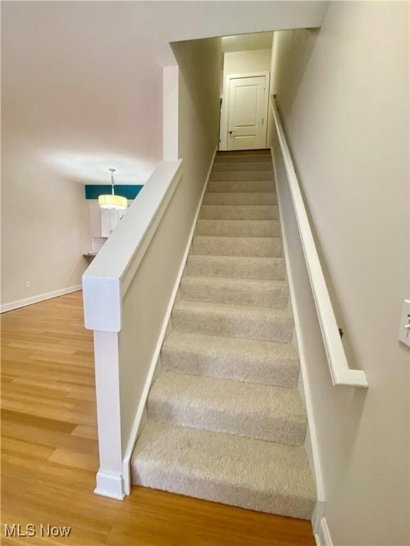 stairs featuring hardwood / wood-style floors