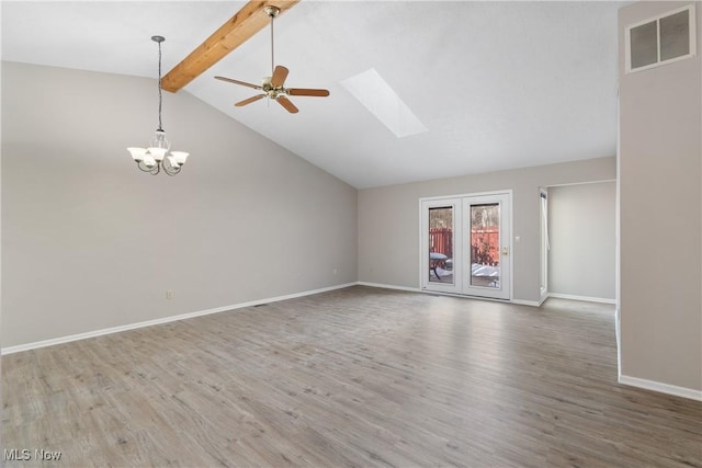 unfurnished room featuring hardwood / wood-style flooring, lofted ceiling with skylight, and ceiling fan