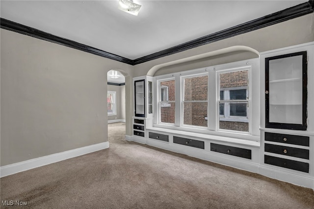 carpeted spare room featuring crown molding