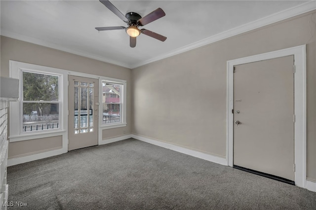 carpeted spare room with ceiling fan and ornamental molding