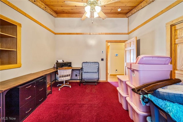 office area featuring dark carpet, wood ceiling, and ceiling fan