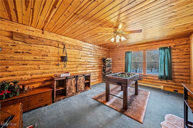 game room featuring ceiling fan, rustic walls, baseboard heating, carpet floors, and wooden ceiling