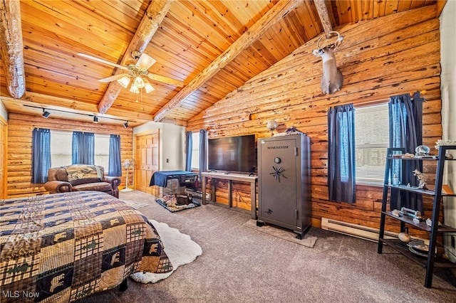 bedroom with wood ceiling, beam ceiling, carpet, and multiple windows