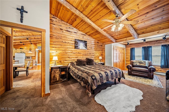 carpeted bedroom featuring wood ceiling, beamed ceiling, and rustic walls