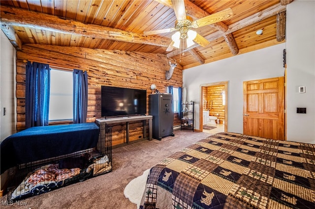 bedroom featuring connected bathroom, lofted ceiling with beams, light colored carpet, ceiling fan, and wood ceiling