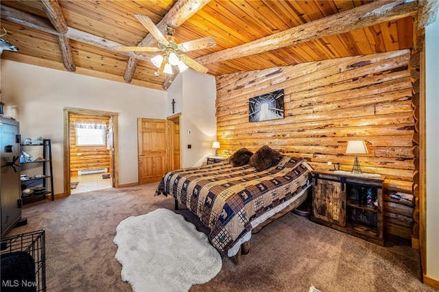 carpeted bedroom featuring beamed ceiling, wooden ceiling, and ceiling fan