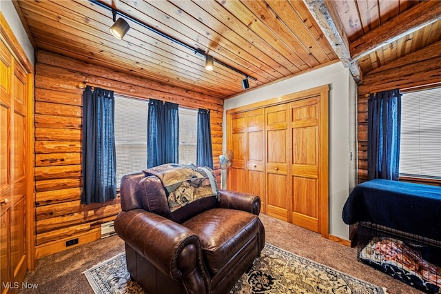 living area with wood ceiling, carpet floors, rail lighting, and baseboard heating