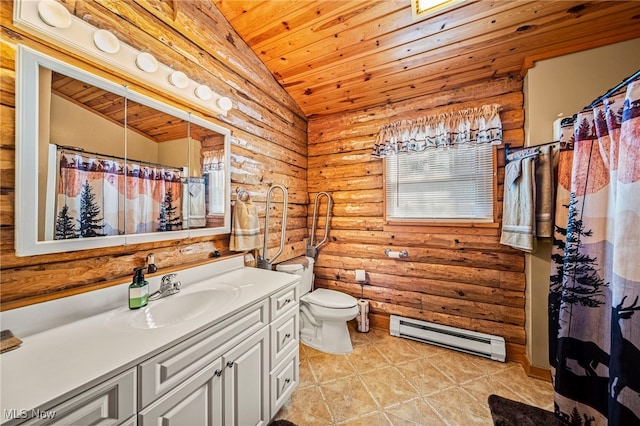 bathroom with lofted ceiling, wood ceiling, baseboard heating, log walls, and toilet