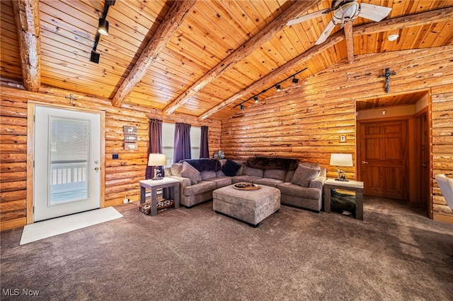 carpeted living room with wood ceiling, track lighting, and vaulted ceiling with beams