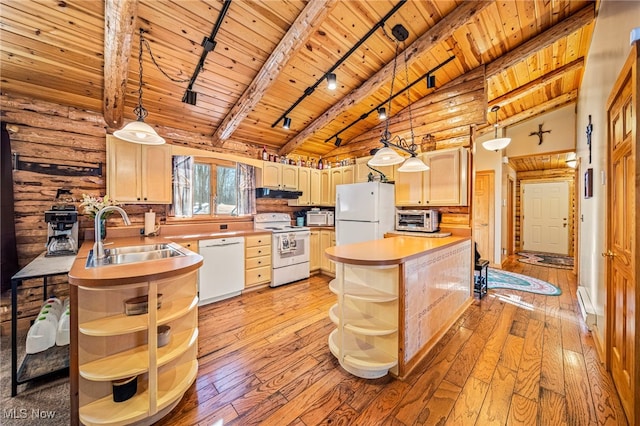 kitchen with pendant lighting, white appliances, light hardwood / wood-style flooring, wooden ceiling, and light brown cabinets