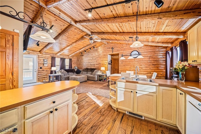 kitchen with wood ceiling, decorative light fixtures, lofted ceiling with beams, light hardwood / wood-style flooring, and dishwasher