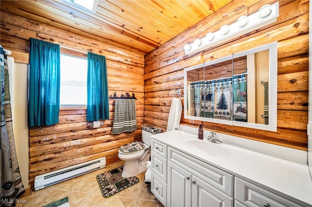 bathroom with log walls, tile patterned flooring, a baseboard heating unit, wood ceiling, and toilet