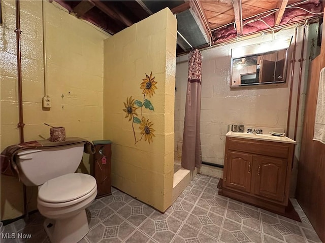 bathroom with vanity, toilet, and a shower with shower curtain