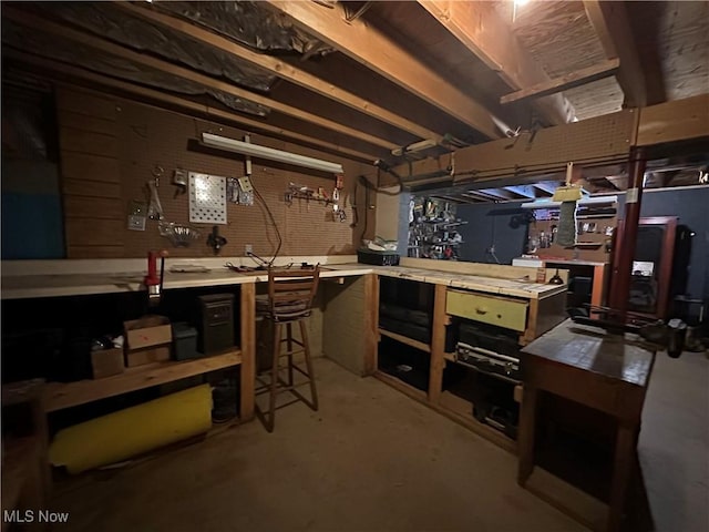 basement with a workshop area