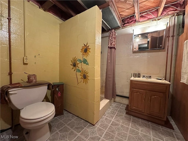 bathroom featuring vanity, curtained shower, and toilet