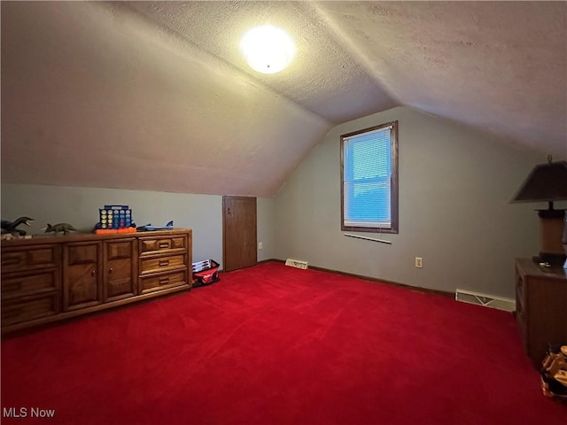 additional living space with vaulted ceiling, carpet, and a textured ceiling