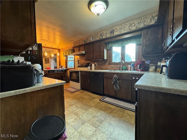 kitchen featuring electric range oven, tasteful backsplash, sink, black dishwasher, and dark brown cabinets