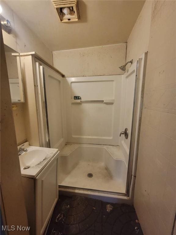 bathroom featuring vanity and walk in shower