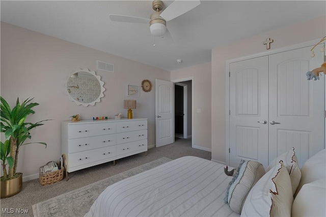 bedroom featuring carpet floors, a closet, and ceiling fan