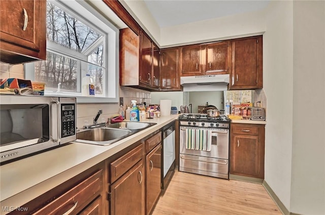 kitchen featuring appliances with stainless steel finishes, sink, light hardwood / wood-style flooring, and backsplash