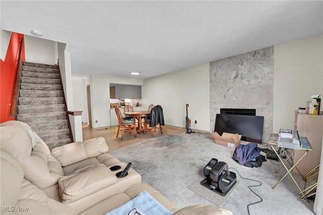 living room featuring a large fireplace and light hardwood / wood-style floors