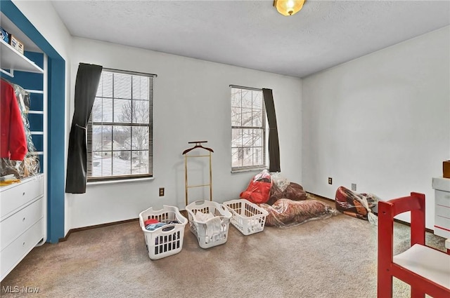 carpeted bedroom with a textured ceiling