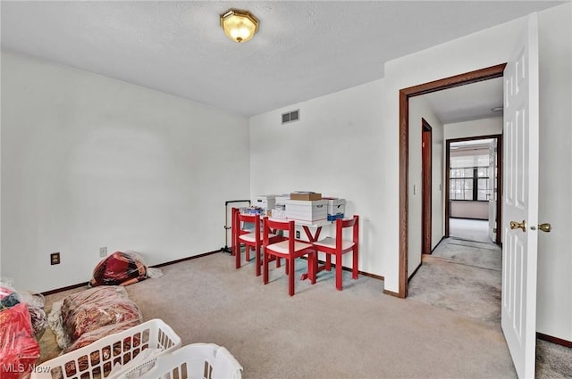 interior space featuring light colored carpet and a textured ceiling