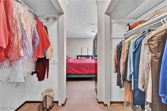 walk in closet featuring light carpet