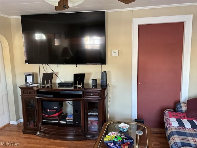 living room with crown molding and wood-type flooring