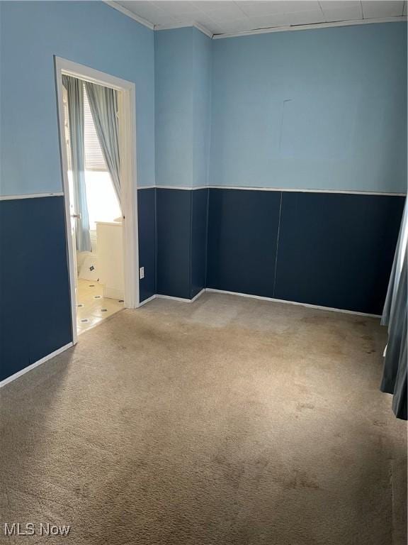 carpeted spare room featuring crown molding