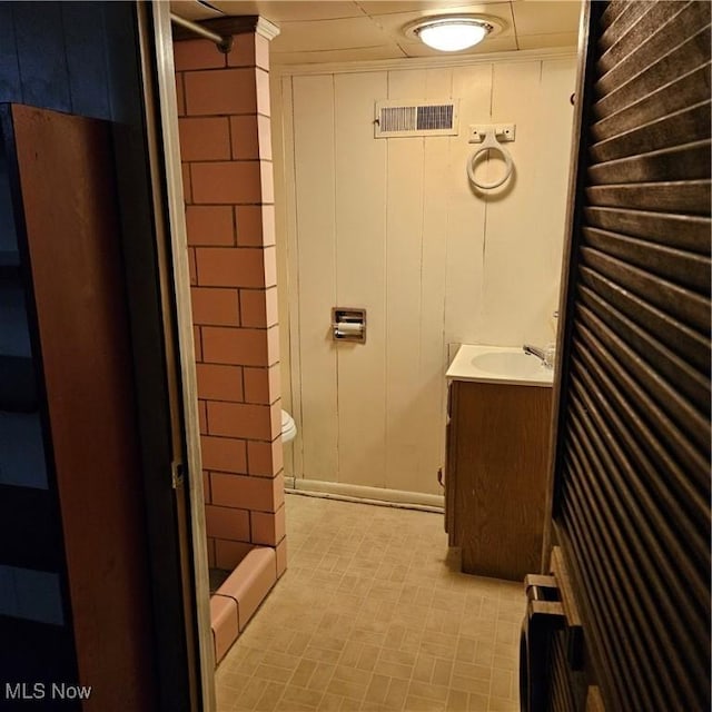 bathroom with vanity and a shower