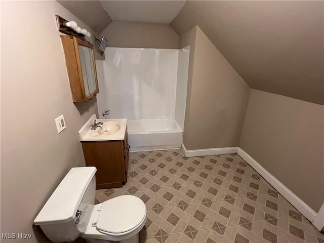 full bathroom featuring vanity, shower / tub combination, lofted ceiling, and toilet