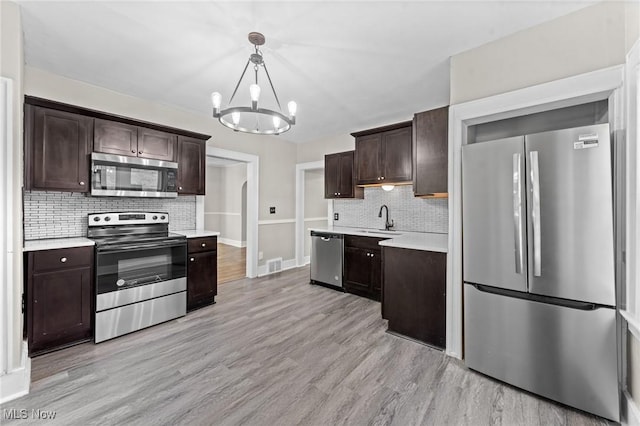 kitchen with dark brown cabinetry, sink, decorative light fixtures, and stainless steel appliances