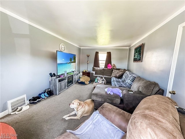 living room with carpet floors and ornamental molding